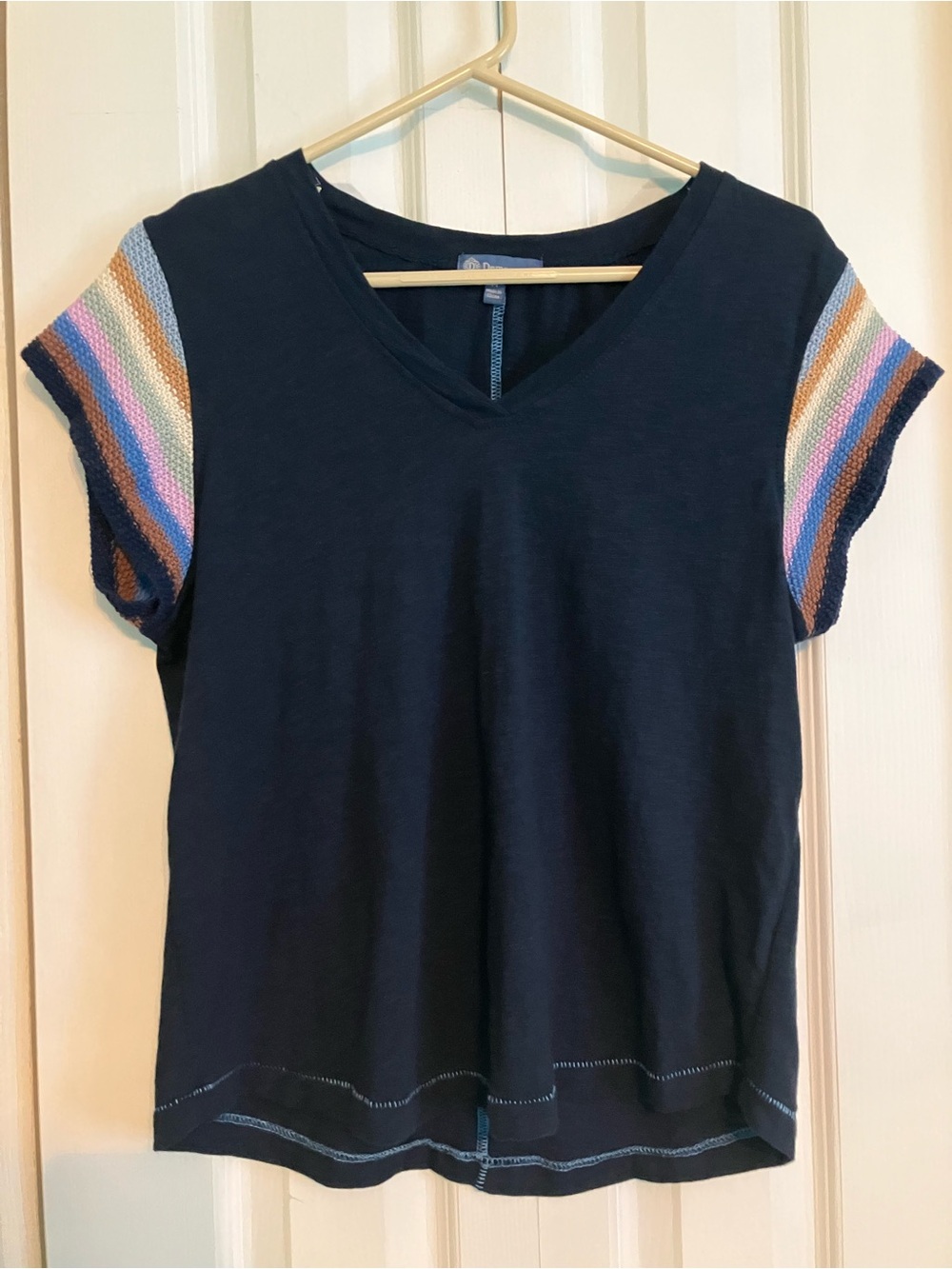 Democracy Navy V-Neck Short Sleeve Top with Multicolor Stripe Sleeves